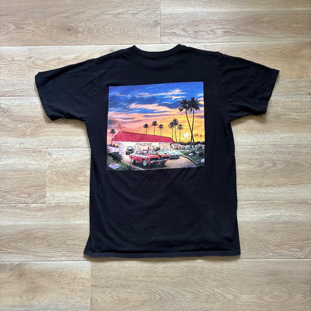 90s in-n-out burger texas sunset graphic black cotton tee mens medium vintage